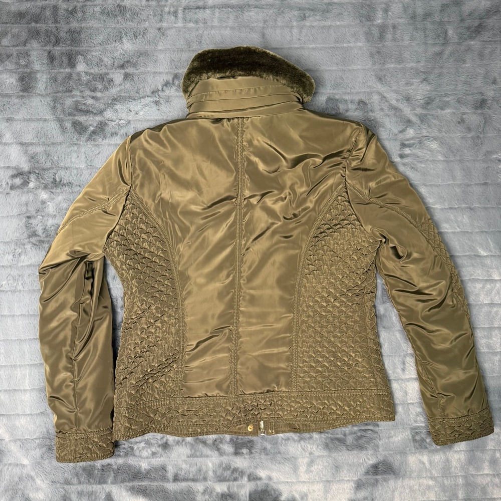 Black Rivet Quilted Jacket Womens Large Olive Green Faux Fur Collar Gold Zip - Picture 7 of 8